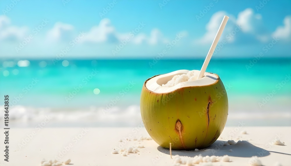 Fresh coconut with a straw, chilled and ready to drink, placed on soft white sand with a backdrop of turquoise ocean waves and a clear blue sky. Stock photography 32K, UHD, Ultra HD quality, high qual Fresh coconut with a straw, chilled and ready to drink, placed on soft white sand with a backdrop of turquoise ocean waves and a clear blue sky. Stock photography 32K, UHD, Ultra HD quality, high qual