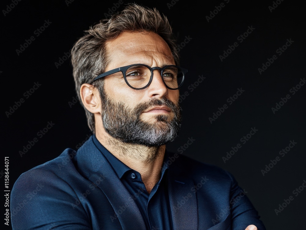 Fototapeta premium A confident businessman with glasses and a beard looks thoughtfully into the distance, dressed in a dark blue suit against a dark background.