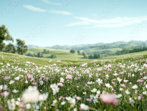 A serene field of wildflowers blooms under a clear blue sky, surrounded by gentle rolling hills. The scene is peaceful and cinematic.