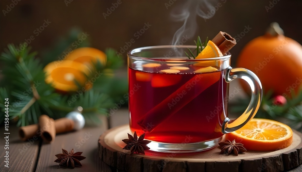 Warm mulled wine in a clear mug with steam rising, garnished with a cinnamon stick, star anise, and orange slices, surrounded by Christmas decorations on a wooden table. Stock photography 32K, UHD, Ul Warm mulled wine in a clear mug with steam rising, garnished with a cinnamon stick, star anise, and orange slices, surrounded by Christmas decorations on a wooden table. Stock photography 32K, UHD, Ul