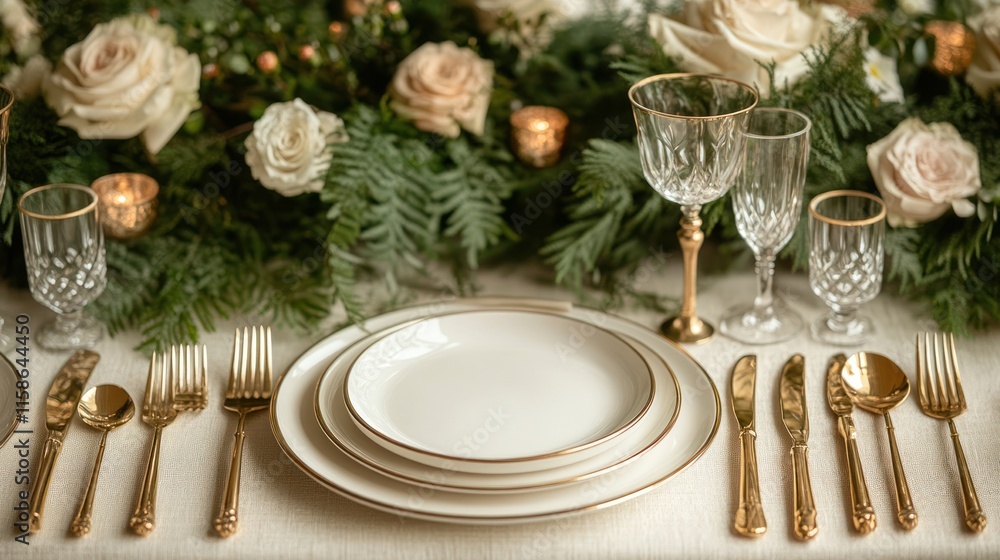 Elegant wedding table setting with gold cutlery, white plates, and lush floral centerpiece. Elegant wedding table setting with gold cutlery, white plates, and lush floral centerpiece.