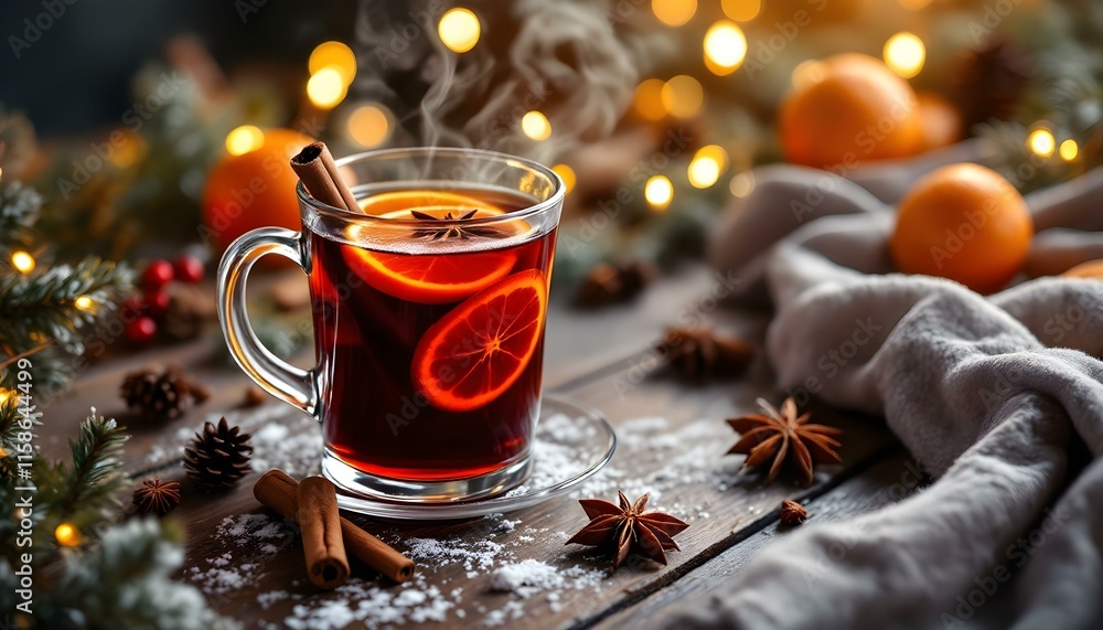 Warm mulled wine in a clear mug with steam rising, garnished with a cinnamon stick, star anise, and orange slices, surrounded by Christmas decorations on a wooden table. Stock photography 32K, UHD, Ul Warm mulled wine in a clear mug with steam rising, garnished with a cinnamon stick, star anise, and orange slices, surrounded by Christmas decorations on a wooden table. Stock photography 32K, UHD, Ul