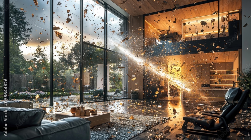 Luxurious modern home interior with falling leaves and light beam. Luxurious modern home interior with falling leaves and light beam.