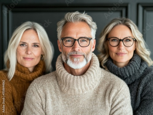 A happy older couple, dressed warmly, enjoy a cozy moment indoors. They are both smiling and wearing glasses, exuding warmth and contentment. photo