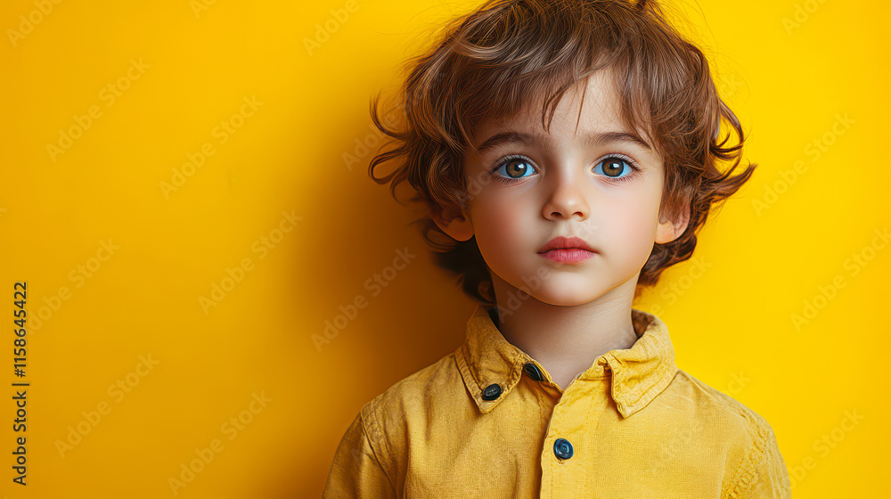 Young Boy in Yellow Outfit Against Vibrant Yellow Background, Conveying Innocence and Joy Young Boy in Yellow Outfit Against Vibrant Yellow Background, Conveying Innocence and Joy