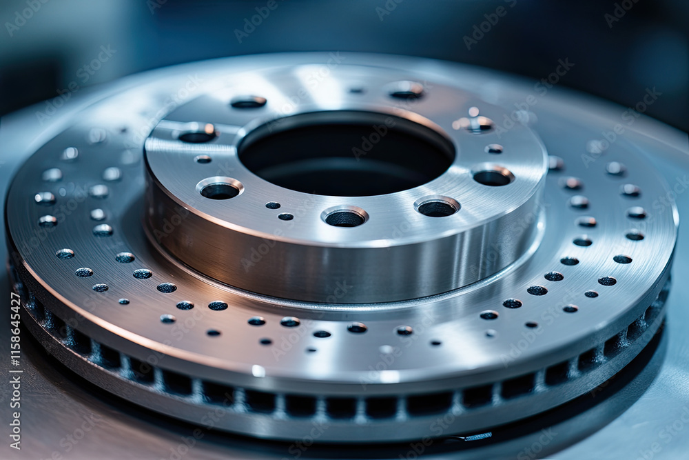 Motorcycle brake disc, specifically a front rotor with drilled holes for heat dissipation and a mounting bracket for secure installation Motorcycle brake disc, specifically a front rotor with drilled holes for heat dissipation and a mounting bracket for secure installation
