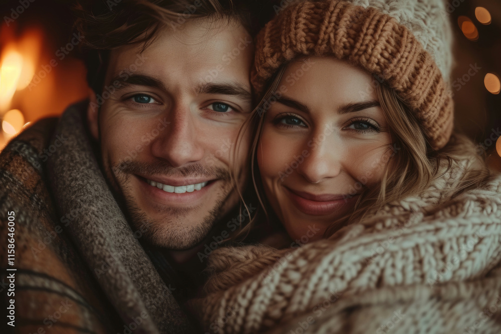 Smiling couple in warm clothing embracing and enjoying cozy moment by fireplace radiating warmth and joy, couple reflecting happiness of being together in love nest Smiling couple in warm clothing embracing and enjoying cozy moment by fireplace radiating warmth and joy, couple reflecting happiness of being together in love nest