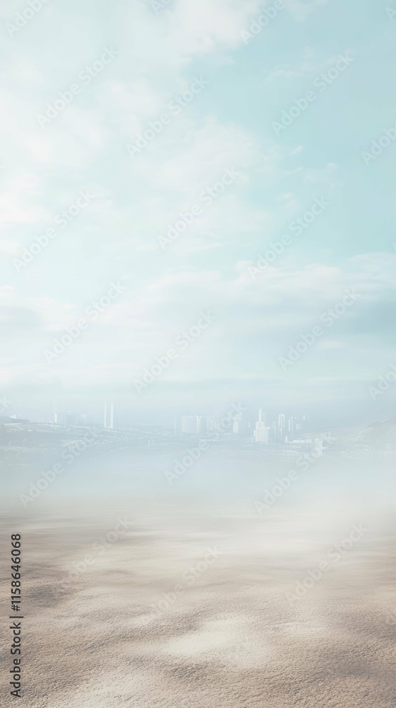 Fototapeta premium Serene Urban Horizon: Discover a Tranquil and Misty Cityscape Blending with the Vast Expanse of Subtle Pastel Sky and Soft Clouds Vertical Background