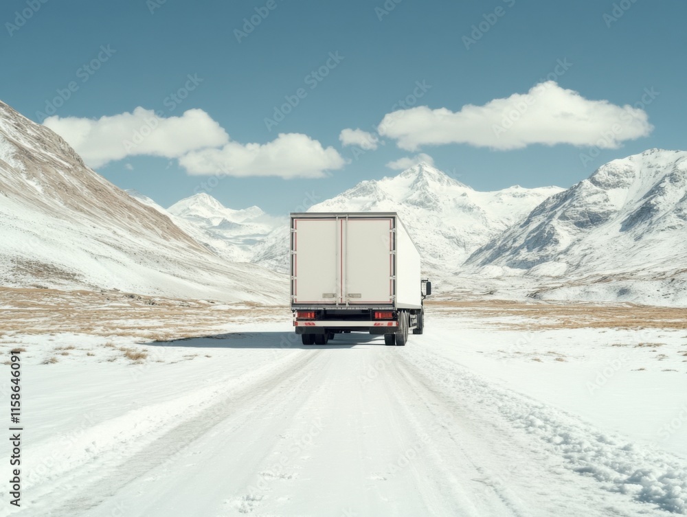 Obraz premium A semi-truck travels through a vast, snow-covered mountain landscape under a clear blue sky, embodying a sense of adventure and isolation.