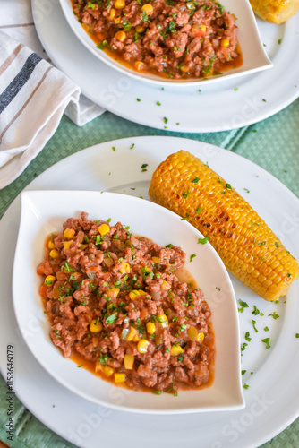 chilli dish with meat and corn on the cob. homemade recipe. mexican food.