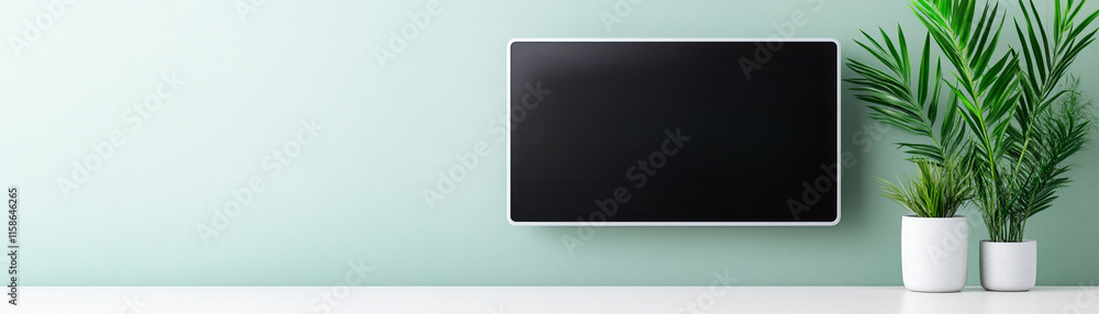 Technology medical concepts. Modern wall panel display with greenery in stylish interior setting Technology medical concepts. Modern wall panel display with greenery in stylish interior setting