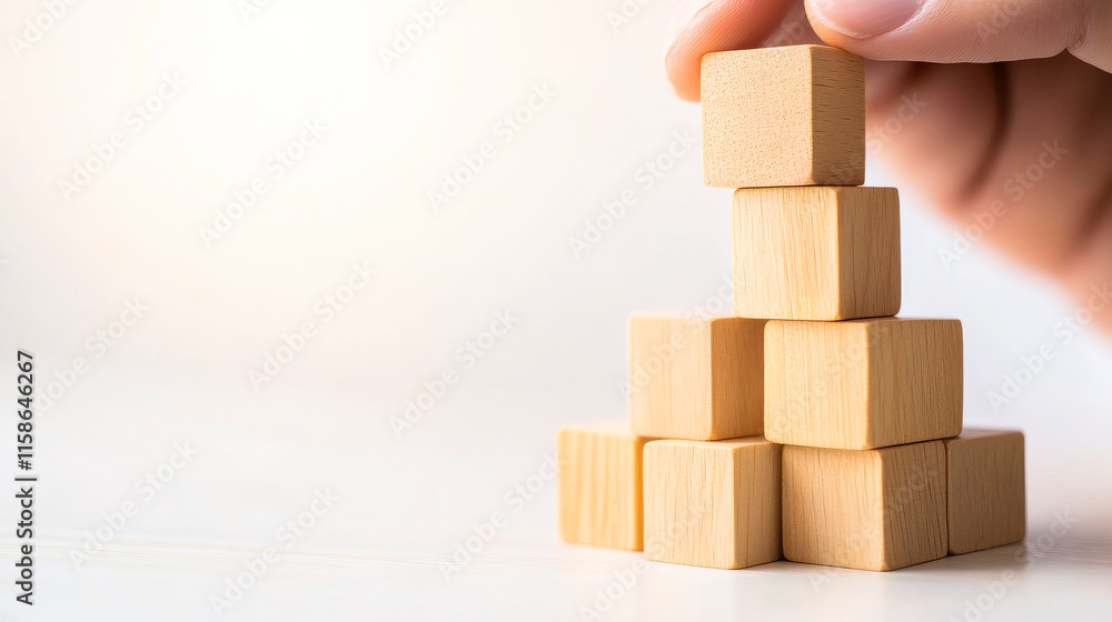 Building Blocks of Success: Hand placing wooden cube on top of a growing stack, symbolizing growth, strategy, and achievement. Building Blocks of Success: Hand placing wooden cube on top of a growing stack, symbolizing growth, strategy, and achievement.