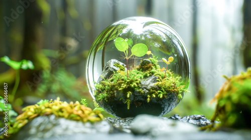 Enchanted Terrarium: A miniature forest thrives within a crystal sphere, nestled amidst the lush greenery of a tranquil forest. Nature's artistry captured in a captivating image.  photo