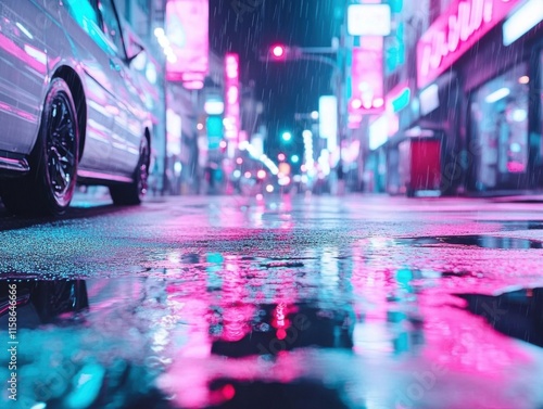 A vibrant neon night scene at Shibuya crossing, Tokyo, showcasing reflections of colorful city lights on wet pavement, with a cinematic ambiance. photo