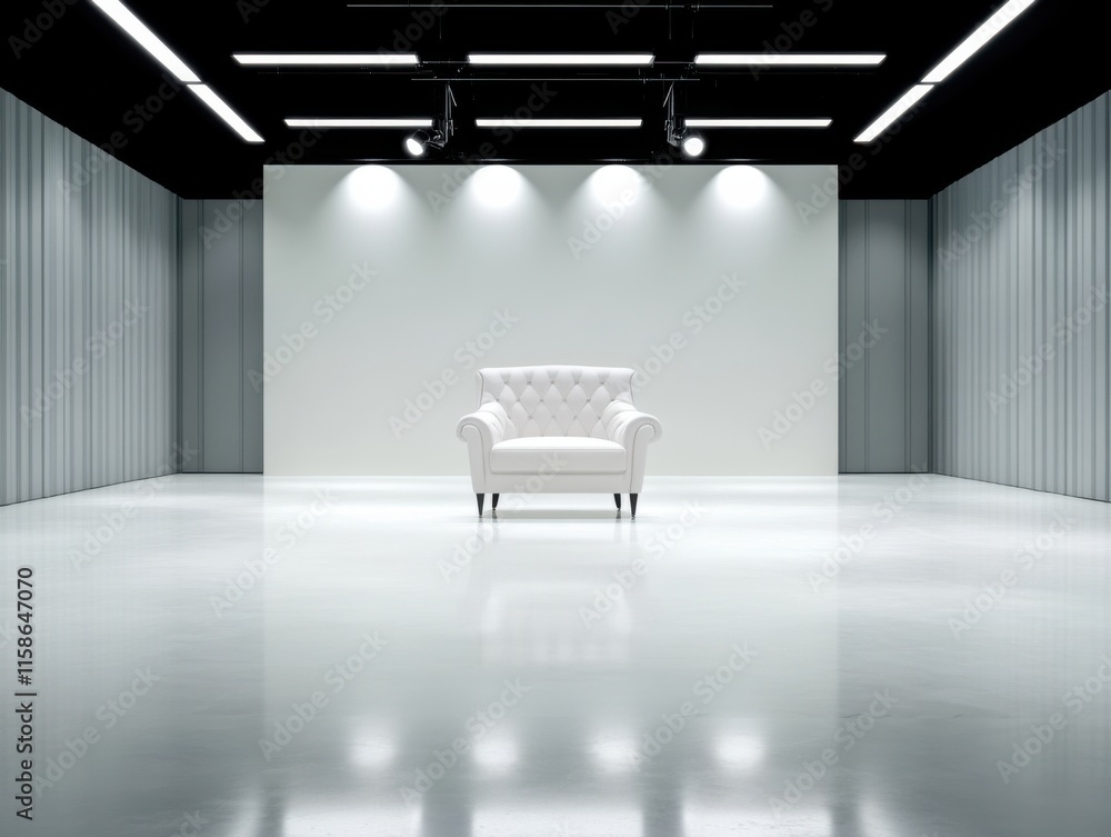 Fototapeta premium A minimalist setting featuring a single white armchair centered in an empty, modern room with soft lighting and a reflective floor.
