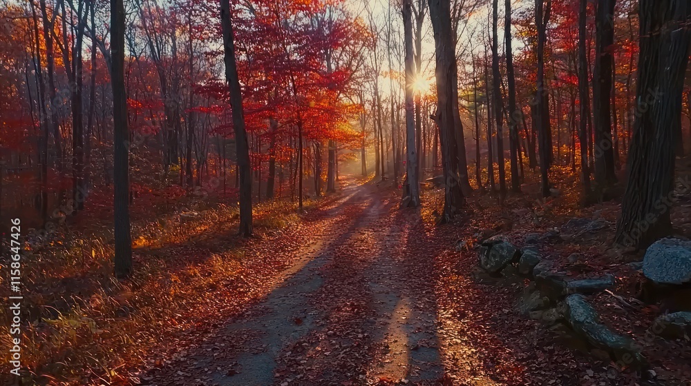 Obraz premium Sunlit autumn forest path with red leaves.