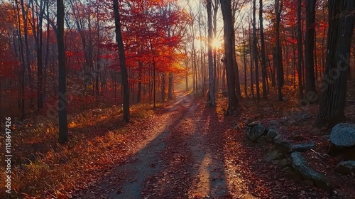 Sunlit autumn forest path with red leaves.