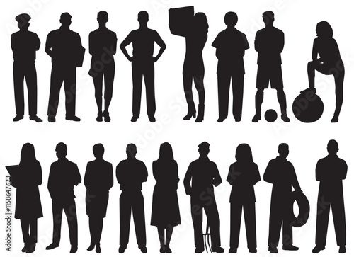 silhouette of professional. Collection of different occupation people group of diverse workers of various professions and specialists standing together.