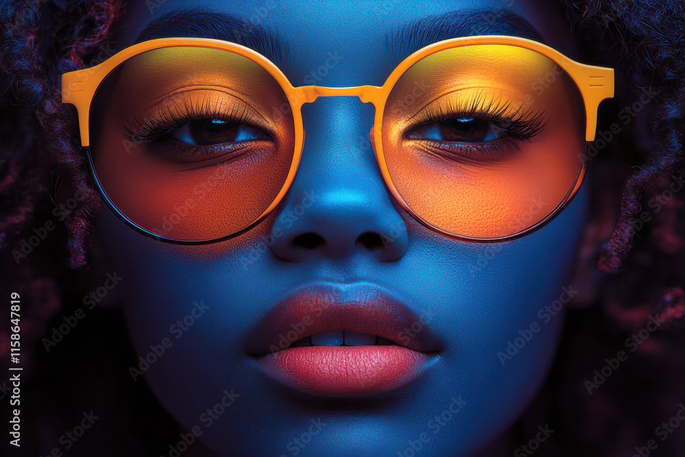 Vibrant close-up portrait showcasing bold sunglasses and striking makeup on a model Vibrant close-up portrait showcasing bold sunglasses and striking makeup on a model