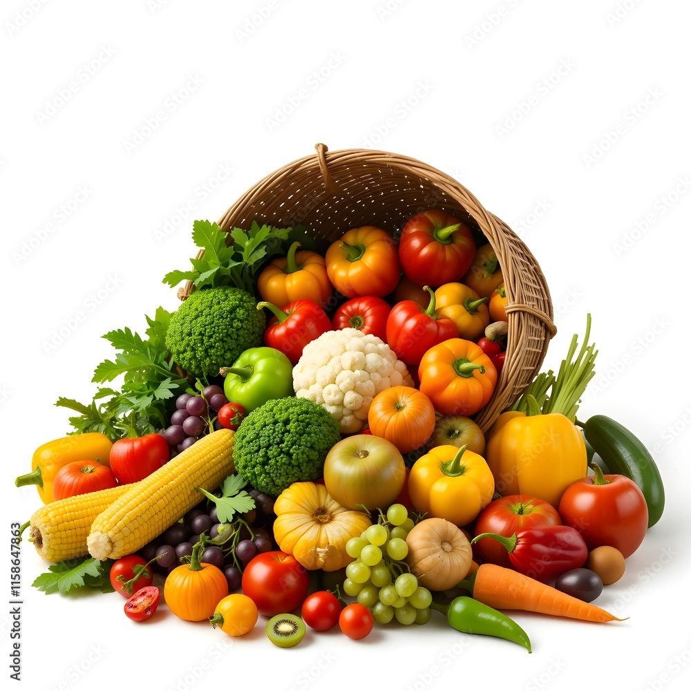 Assorted organic vegetables and fruits in wicker basket isolated on white background Assorted organic vegetables and fruits in wicker basket isolated on white background