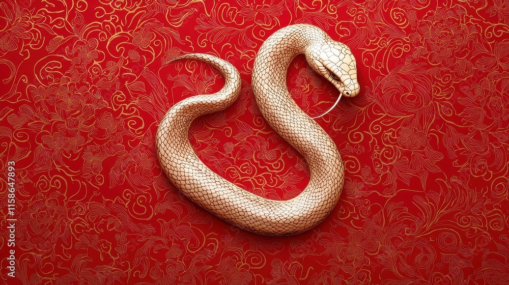 Obraz premium A stylized golden snake on a vibrant red background, reflecting elegance and cultural symbolism.