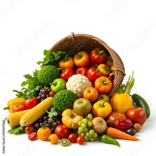 Assorted organic vegetables and fruits in wicker basket isolated on white background 