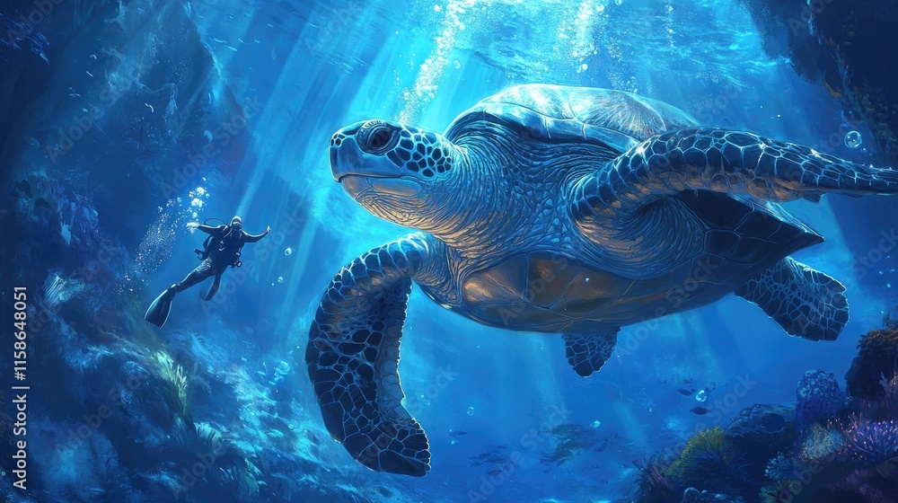 A diver swims alongside a majestic sea turtle in a vibrant underwater scene. A diver swims alongside a majestic sea turtle in a vibrant underwater scene.