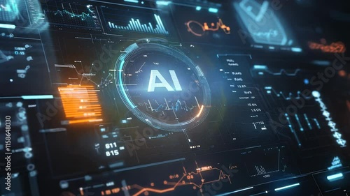 A digital interface with the text AI prominently displayed, surrounded by graphs and analytics, emphasizing its use in data visualization and decision-making processes