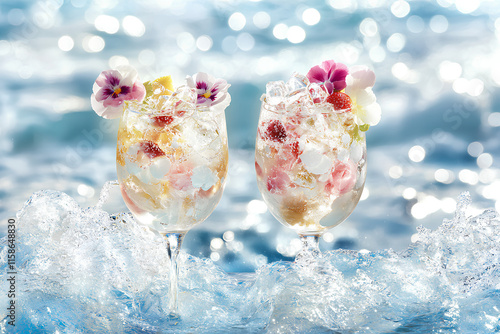A vibrant image of two fancy cocktails garnished with fruit slices and ice cubes. They sit on a table, creating a festive atmosphere and summer vibes. The drinks delight with rich colors, perfect for 