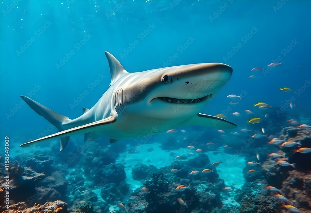 Naklejka premium Oceanic whitetip shark swimming over a coral reef in blue water