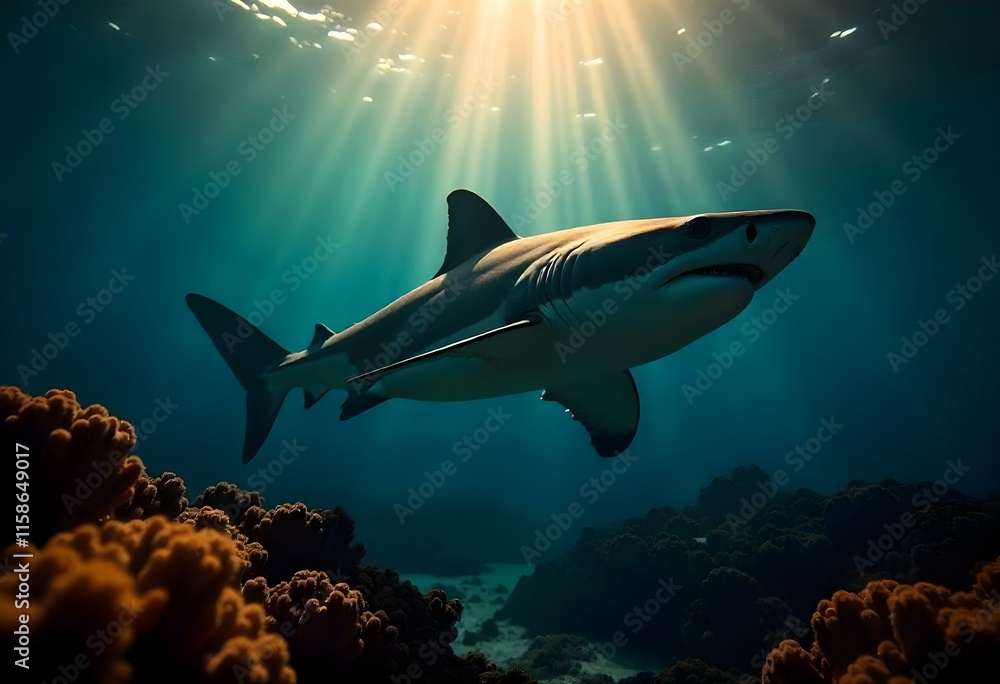 Oceanic whitetip shark swimming over coral reef with sun rays penetrating the water Oceanic whitetip shark swimming over coral reef with sun rays penetrating the water