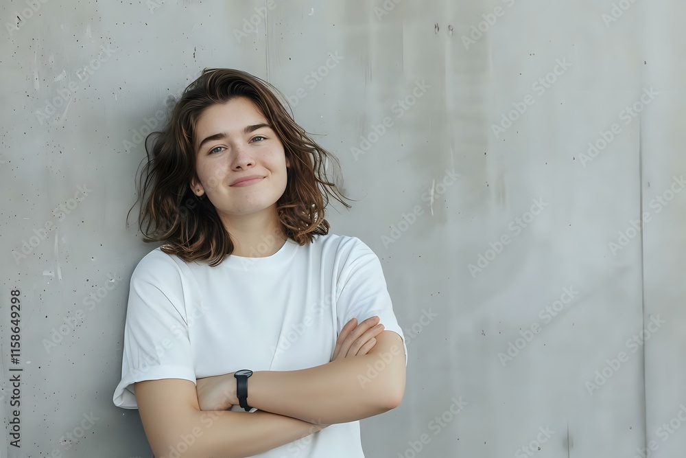 Fototapeta premium Young Woman with Confident Posture, Arms Crossed, Smiling Gently Against a Gray Concrete Wall; Displaying a Positive Mindset and Self-Assured Demeanor, Exuding Strength and Inner Peace. A 
