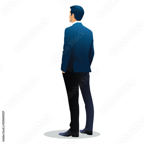 back view of handsome businessman holding hands in pockets and looking forward in front of white background . vector