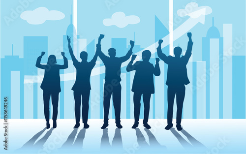 Diverse business team members standing together over glowing graphs hologram in the foreground. Business success concept. illustration