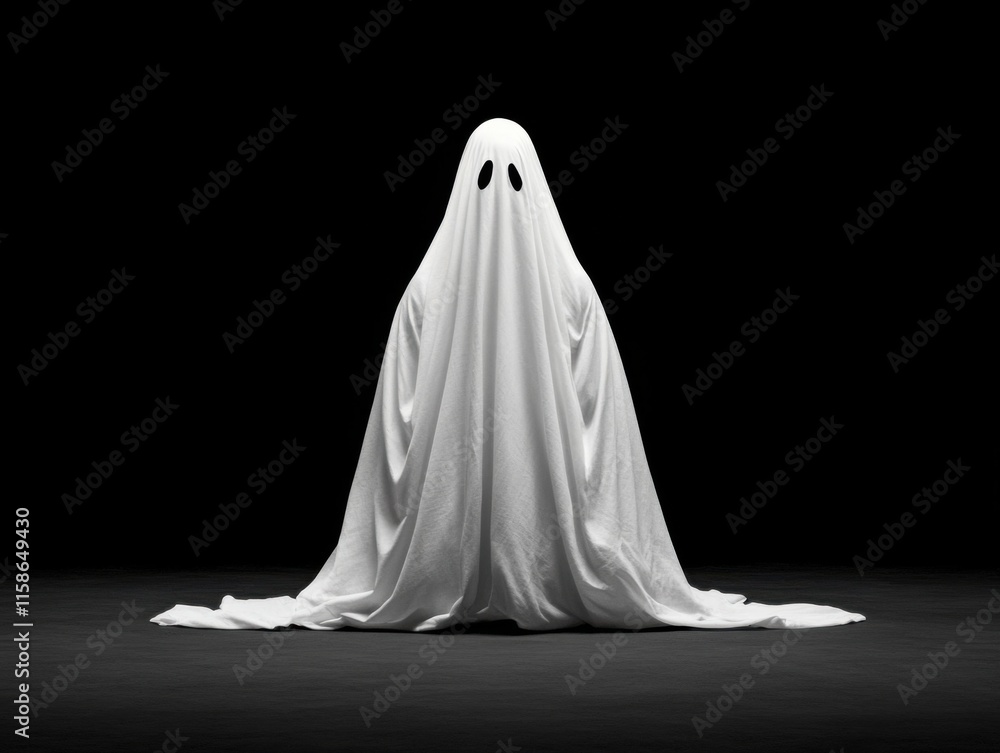 A classic Halloween ghost draped in a white sheet with eye cutouts is set against a dark, transparent background, creating a spooky yet playful effect. A classic Halloween ghost draped in a white sheet with eye cutouts is set against a dark, transparent background, creating a spooky yet playful effect.