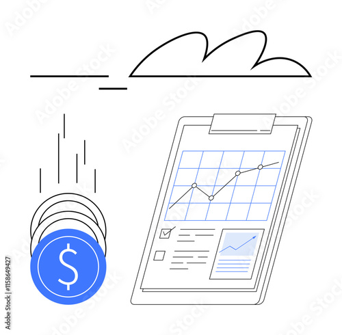 Business clipboard with growth chart and coins dropping to symbolize financial success, investment growth, and economic progress. Ideal for finance, investment, banking, business planning, economic