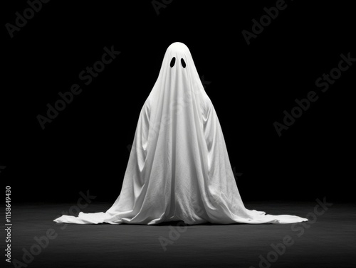 A classic Halloween ghost draped in a white sheet with eye cutouts is set against a dark, transparent background, creating a spooky yet playful effect. photo