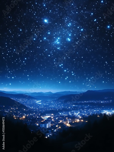 Night city lights under a starry sky.