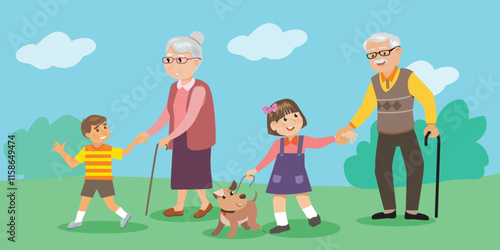 Granddaughter walking  with baby dog with Grandparents and grandchildren hand in hand.Happy grandparents with their grandchildren taking a walk. vector