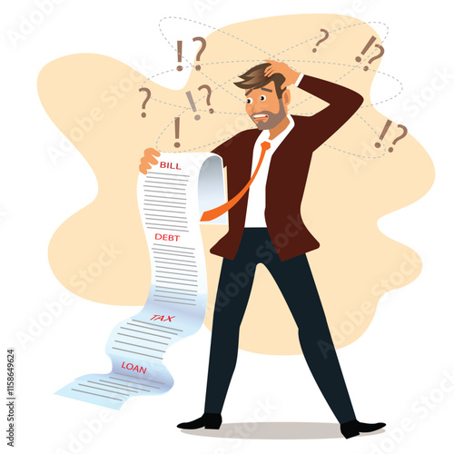 Frustrated and worried businessman looks at bad performance of the company on the bill, an evil man holds in his hands debt, tax and loan with errors. vector
