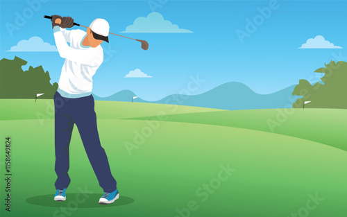 Golfer hit sweeping driver after hitting golf ball down the fairway.,illustration