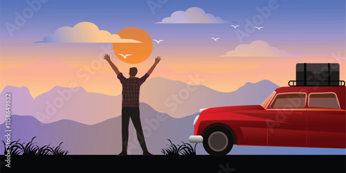 Toward adventure! traveller relaxing and enjoying road trip witn vintage car. A man rejoices dawn on sunset background. vector