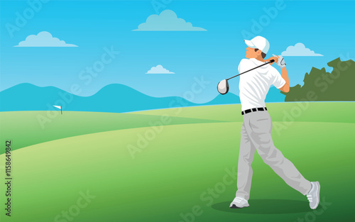 Golfer hit sweeping driver after hitting golf ball down the fairway.illustration