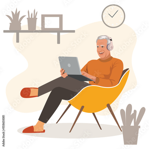 Mature man using laptop with head phones  in living room. Happy confident senior male adult resting at home working on pc.Flat style.  illustration