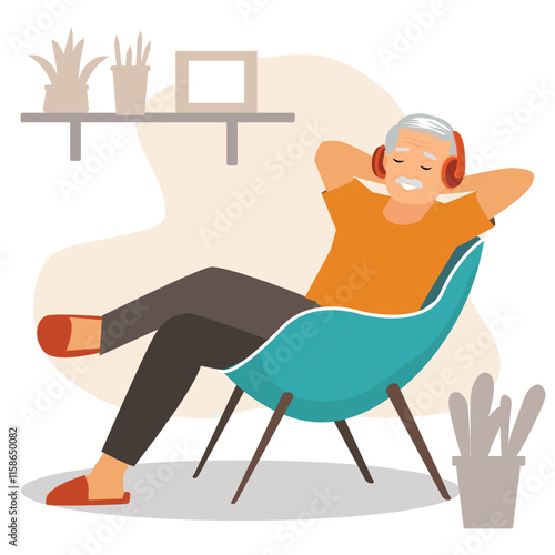 eldery man wear casual shirt with head phones lay down on blue chair listen to music sleep take nap stay at home . resting, relax spend free spare time in living room indoors. vector