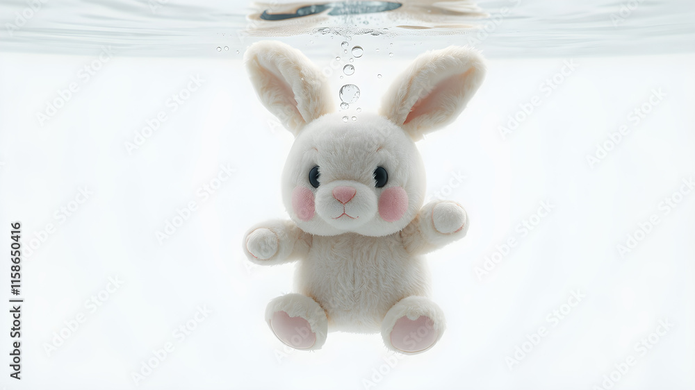 Obraz premium Submerged Bunny: An adorable plush bunny toy floats gently beneath the surface of the water, creating a whimsical and enchanting scene. Air bubbles rise around it, adding to the magical atmosphere.