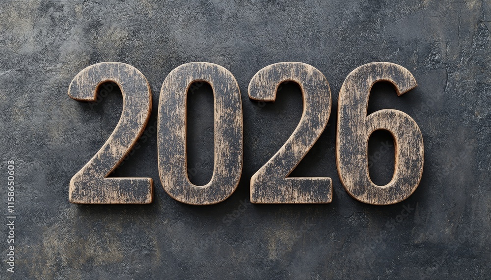 Rustic Wooden Numbers 2026, New Year Concept, Against a Textured Background for Design Rustic Wooden Numbers 2026, New Year Concept, Against a Textured Background for Design