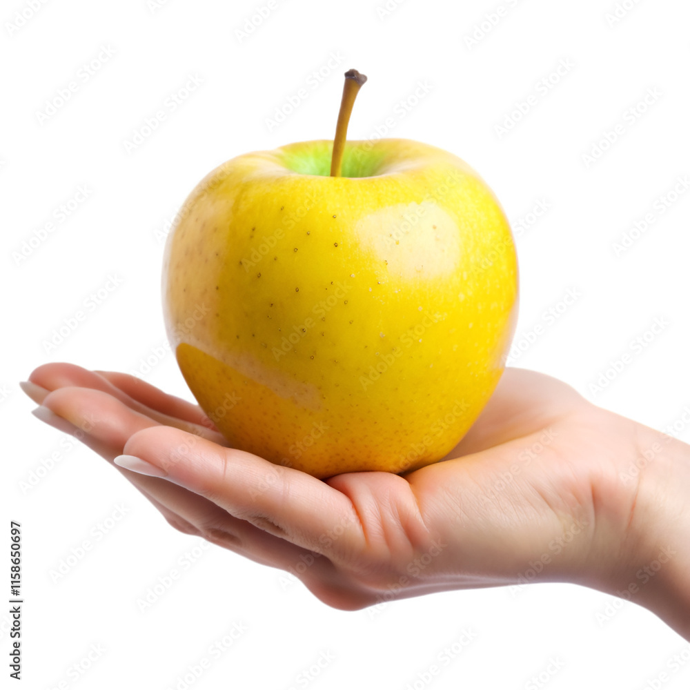 Hand holding a yellow apple isolated on transparent background Hand holding a yellow apple isolated on transparent background