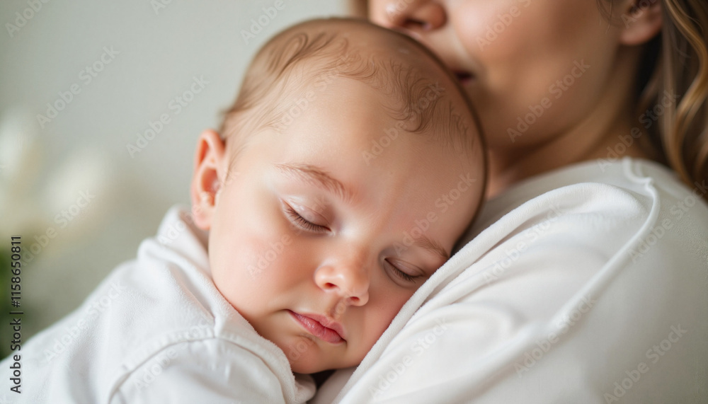 Mother holding sleeping baby in soft light background Mother holding sleeping baby in soft light background