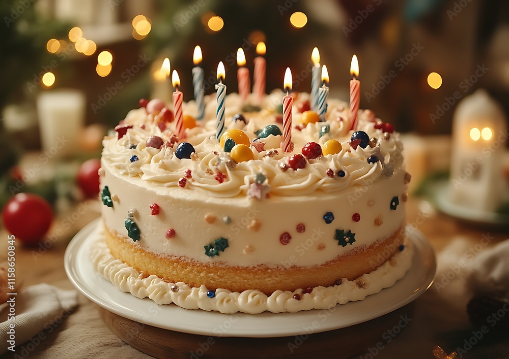 Festive birthday cake with candles and sprinkles on wooden table. Festive birthday cake with candles and sprinkles on wooden table.